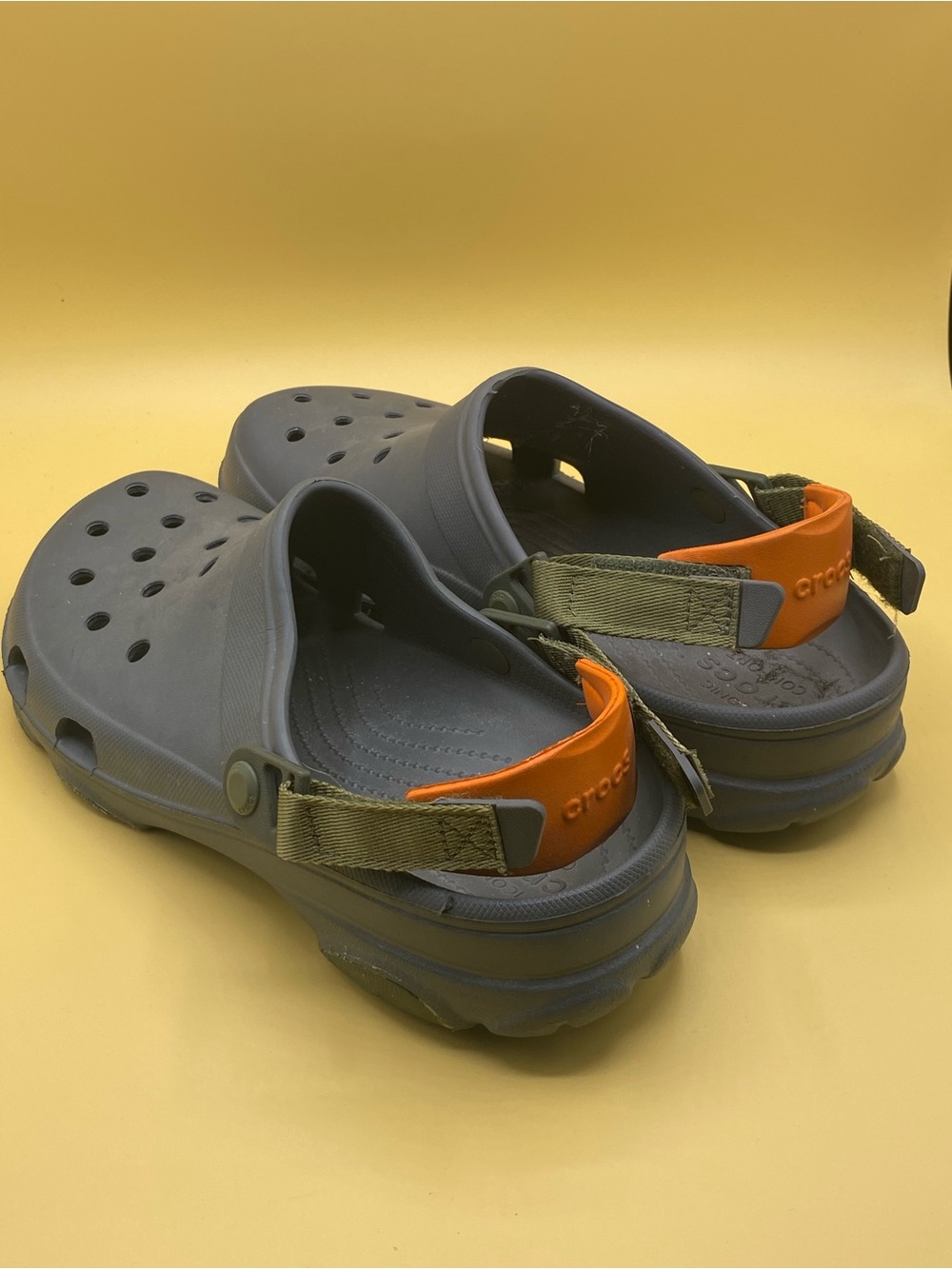 CROCS Gray Foam Clogs with Orange Heel Accent - Picture 3 of 3